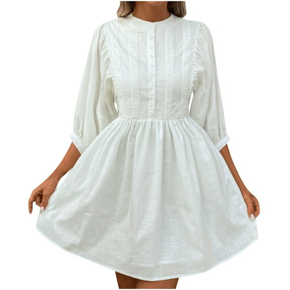 YABCSAZ Summer Dresses for Women 2024 3/4 Short Sleeve Solid Color Button Round Neck Dress Lace Casual Loose Fit MIni Dress Boho Beach Vacation Sundress