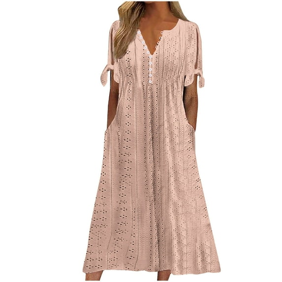 YABCSAZ Summer Dresses for Women 2024 Fashion Maxi Casual Three-quarter Sleeve Dress Solid Color V-Neck Short Sleeve Button Long Dress awaiian Holiday Dress