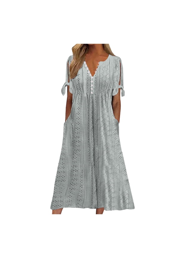 Summer Dresses for Women 2024 Fashion Maxi Casual Three-quarter Sleeve Dress Solid Color V-Neck Short Sleeve Button Long Dress awaiian Holiday Summer Dress