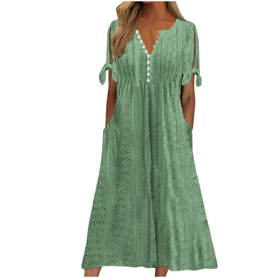YABCSAZ Summer Dresses for Women 2024 Fashion Maxi Casual Three-quarter Sleeve Dress Solid Color V-Neck Short Sleeve Button Long Dress awaiian Holiday Summer Dress