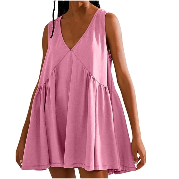 YABCSAZ Summer Dresses for Women 2024 New Round Neck Skirt Casual Loose Dress Solid Pocket Pleated Sleeveeless Dress Hawaiian Holiday Summer Saving Clearance!