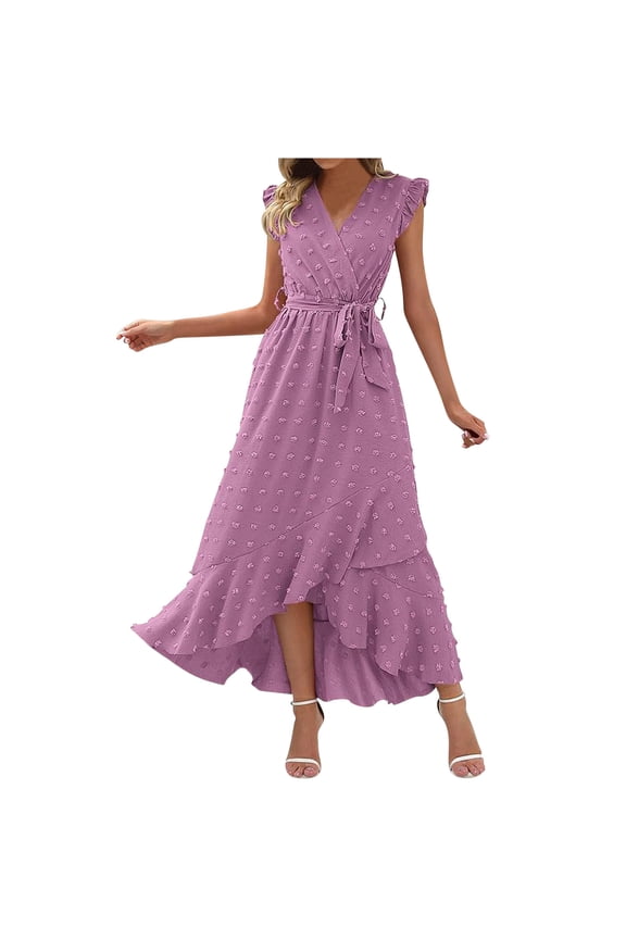 Summer Dresses for Women 2024 Solid Color Bubble Embroidered Lace Cuffs Maxi Dress Casual Loose Fit Ruffle Dress Flowy Boho Beach Vacation Sundress
