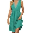 thumbnail image 1 of YABCSAZ Summer Dresses for Women 2024 Summer Dress Solid Color V-Neck Casual Sleeveless Dress Loose Mid-Calf Patchwork Lace Sexy Neck Dress Summer Saving Clearance!, 1 of 5
