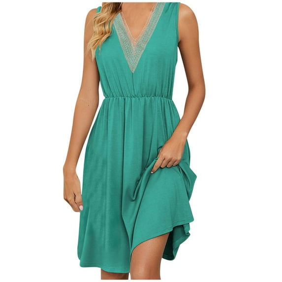 YABCSAZ Summer Dresses for Women 2024 Summer Dress Solid Color V-Neck Casual Sleeveless Dress Loose Mid-Calf Patchwork Lace Sexy Neck Dress Summer Saving Clearance!
