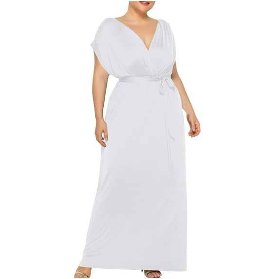 YABCSAZ Summer Dresses for Women 2024 Plus-size Solid Color V-neck Loose Dress Short Sleeve Ankle-length Dress Hawaiian Holiday Casual Dress