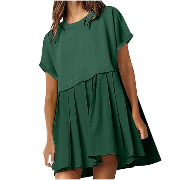 YABCSAZ Summer Dresses for Women 2024 Short Seleve Round Neck Dress Casual Loose Pleated Midi Dress Oversize High Waist A-line Sundress Dresse