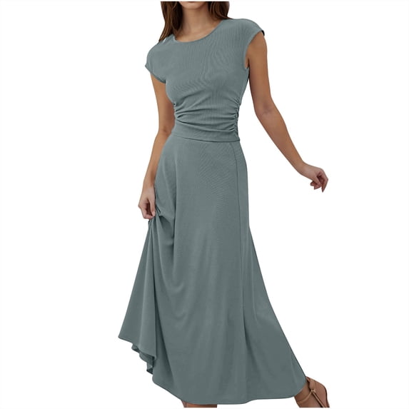 YABCSAZ Summer Dresses for Women 2024 Short Sleeved Round Neck Slim Fit Tops and Maxi Dress Solid Color Casual Sets 2 Piece Outfits