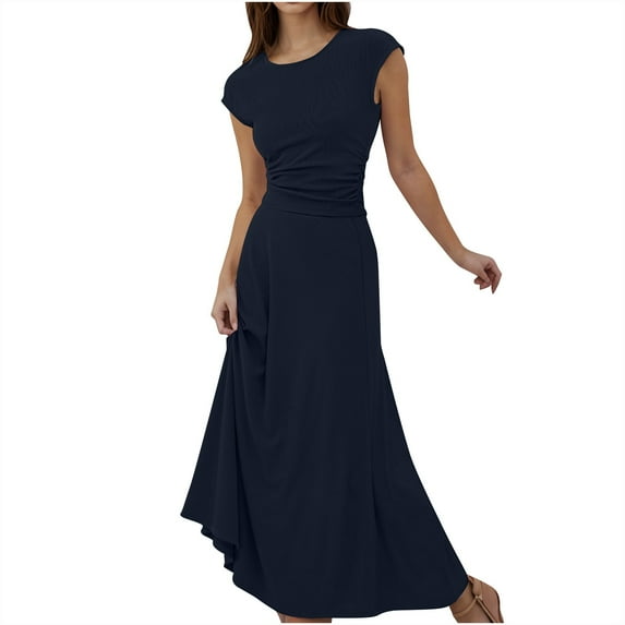 YABCSAZ Summer Dresses for Women 2024 Short Sleeved Round Neck Slim Fit Tops and Maxi Dress Solid Color Casual Sets 2 Piece Outfits