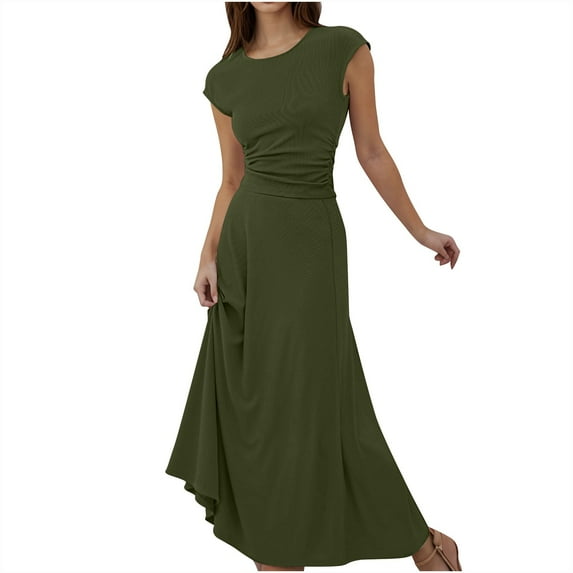 YABCSAZ Summer Dresses for Women 2024 Short Sleeved Round Neck Slim Fit Tops and Maxi Dress Solid Color Casual Sets 2 Piece Outfits