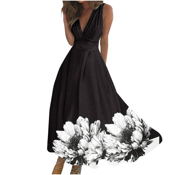 YABCSAZ Summer Dresses for Women 2024 Sleeveless Deep V-Neck Sexy Elegant Wedding Dresses Floral Print Bodycon Evening Cocktail Formal Dress