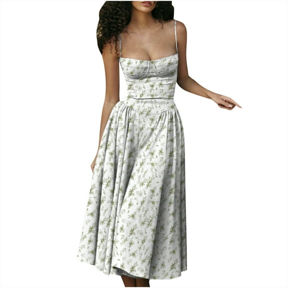 YABCSAZ Summer Dresses for Women 2024 Sleeveless Square Neck Strap Dress Floral Retro Style Dopamine Flowy Swim Sexy Midi Sundress