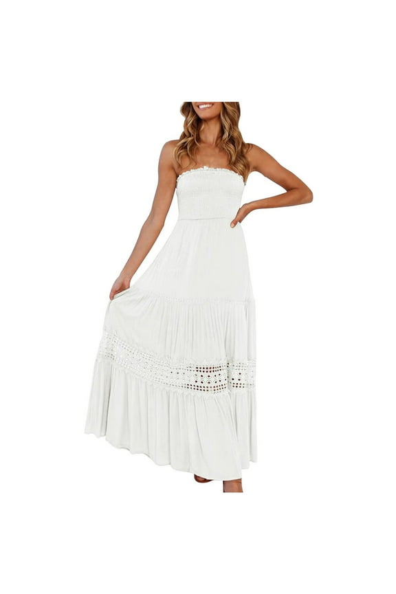 Summer Dresses for Women 2025 Bohemian Strapless Off Shoulder Lace Trim Backless Flowy A Line Beach Long Women's Maxi Dress