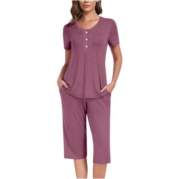 YABCSAZ Summer Outfits for Women Short Sleeved Round Neck Button Tee Shirt Tops and Capri Wide Leg Pants Solid Color Loose Fit Casual 2 Piece Pajama Sets