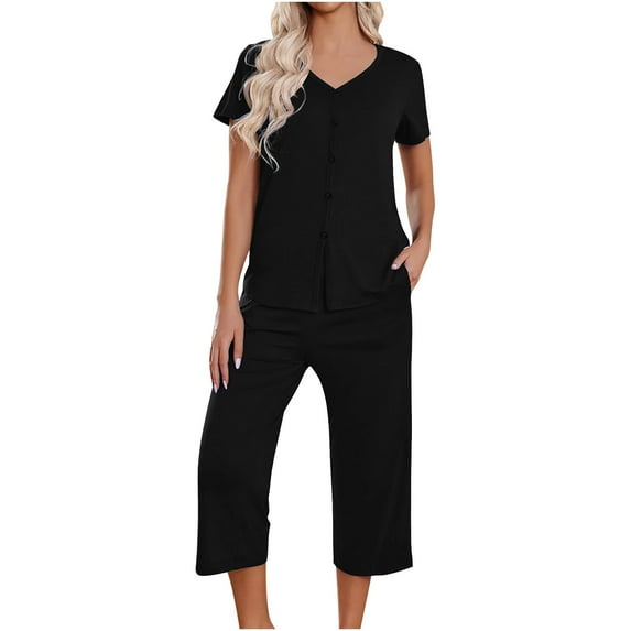 YABCSAZ Summer Outfits for Women Short Sleeved Round Neck Button Tee Shirt Tops and Capri Wide Leg Pants Solid Color Loose Fit Casual 2 Piece Pajama Sets
