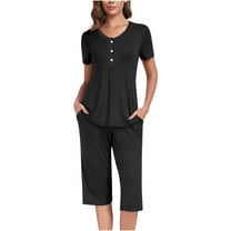 YABCSAZ Summer Outfits for Women Short Sleeved Round Neck Button Tee Shirt Tops and Capri Wide Leg Pants Solid Color Loose Fit Casual 2 Piece Pajama Sets