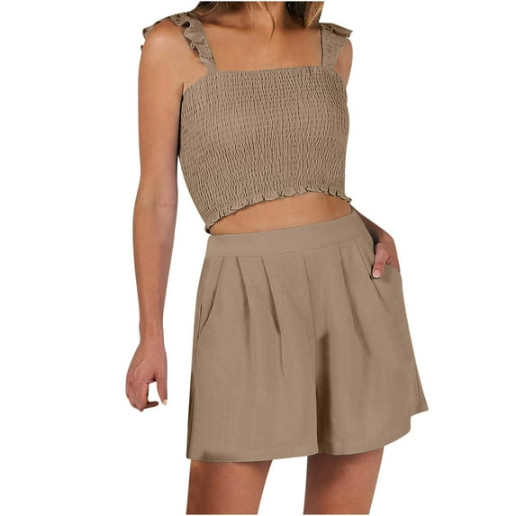 YABCSAZ Summer Outfits for Women Sleeveless Slim Sling Tank and Drawstring Wide Leg Bermuda Shorts Solid Color Loose Fit Casual Athletic Sportswear 2 Piece Sets