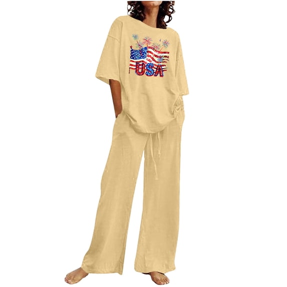 YABCSAZ Summer Outfits for Women Short Sleeve Casual Loose Printed Tops and Solid Color Drawstring Wide Leg Pants Athletic Sportswear 2 Piece Outfits