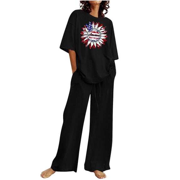 YABCSAZ Summer Outfits for Women Short Sleeve Casual Loose Printed Tops and Solid Color Drawstring Wide Leg Pants Athletic Sportswear 2 Piece Outfits