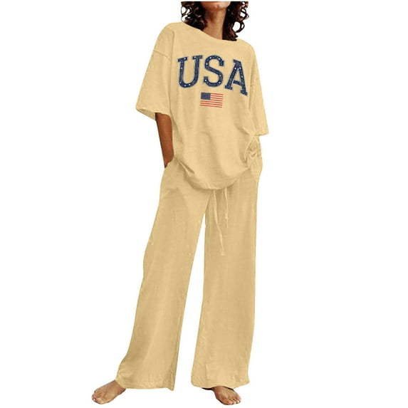 YABCSAZ Summer Outfits for Women Short Sleeve Casual Loose Printed Tops and Solid Color Drawstring Wide Leg Pants Athletic Sportswear 2 Piece Outfits