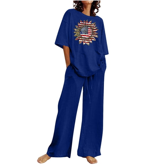 YABCSAZ Summer Outfits for Women Short Sleeve Casual Loose Printed Tops and Solid Color Drawstring Wide Leg Pants Athletic Sportswear 2 Piece Outfits