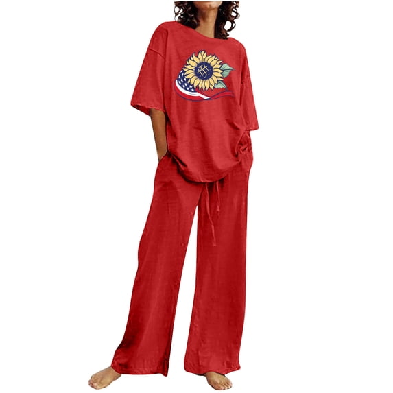 YABCSAZ Summer Outfits for Women Short Sleeve Casual Loose Printed Tops and Solid Color Drawstring Wide Leg Pants Athletic Sportswear 2 Piece Outfits