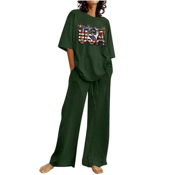 YABCSAZ Summer Outfits for Women Short Sleeve Casual Loose Printed Tops and Solid Color Drawstring Wide Leg Pants Athletic Sportswear 2 Piece Outfits