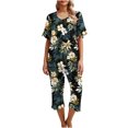 thumbnail image 1 of YABCSAZ Summer Outfits for Women Short Sleeved Round Neck Tee Shirt Tops and Capri Wide Leg Pants Printed Loose Fit Casual 2 Piece Pajama Sets, 1 of 5