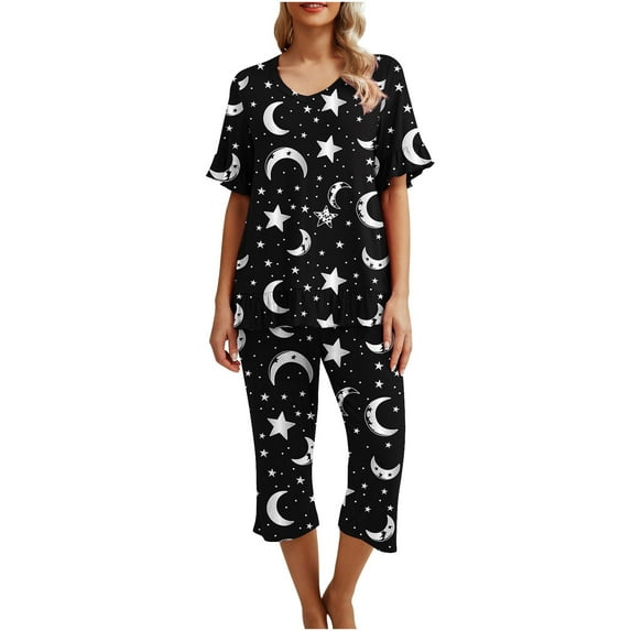YABCSAZ Summer Outfits for Women Short Sleeved Round Neck Tee Shirt Tops and Capri Wide Leg Pants Printed Loose Fit Casual 2 Piece Pajama Sets