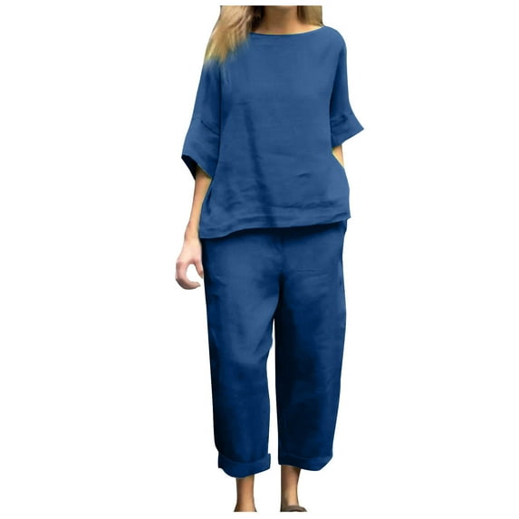 YABCSAZ Summer Outfits for Women Short Sleeved Round Neck Tee Shirt Tops and Capri Wide Leg Pants Solid Color Loose Fit Casual 2 Piece Pajama Sets