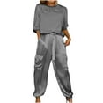 thumbnail image 1 of YABCSAZ Summer Outfits for Women Short Sleeved Round Neck Tee Shirt Tops and Capri Wide Leg Pants Solid Color Loose Fit Casual 2 Piece Pajama Sets, 1 of 1