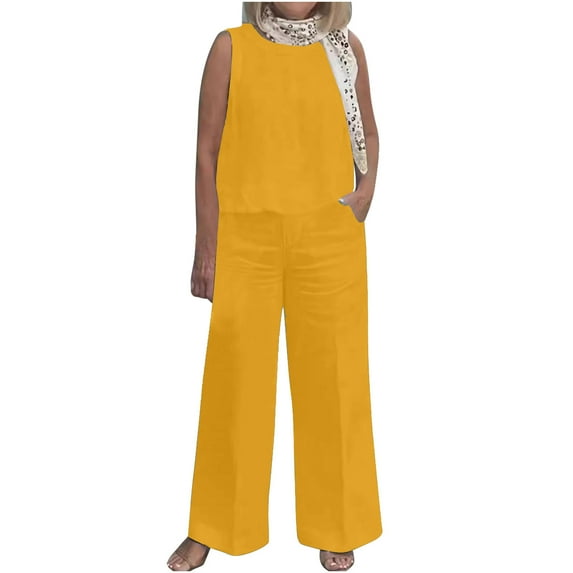 YABCSAZ Summer Outfits for Women Sleeveless Loose Tank and Capri Wide Leg Pants Solid Color Casual Athletic Sportswear 2 Piece Outfits