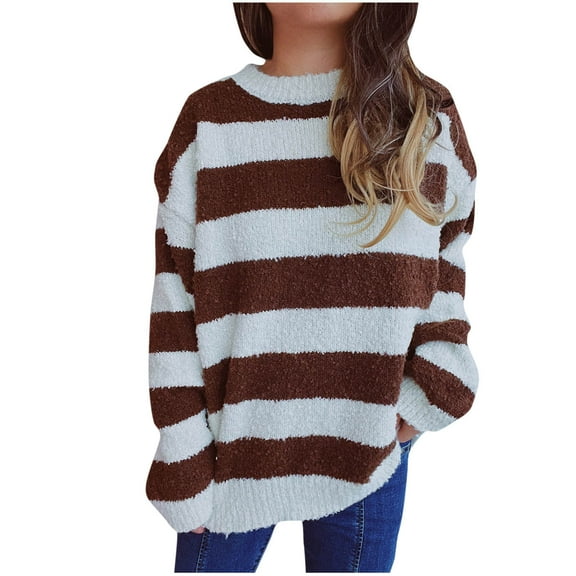 YABCSAZ Sweaters for Women Casual Crewneck Striped Sweaters Long Sleeve Fuzzy Knit Shirts Oversized Chunky Warm 2024 Fall Pullover Loose Fit Soft Sweaters Top Trendy Outfits