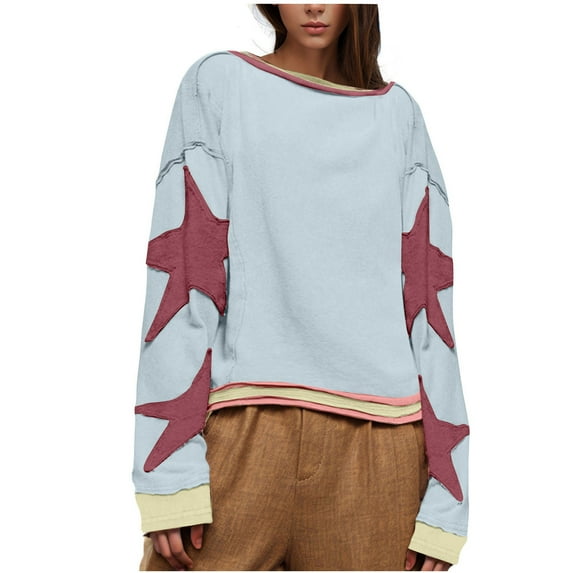 YABCSAZ Sweatshirts for Women Oversize Long Sleeve Round Neck Tops Casual Loose Fit T Shirts Color Matching Blouses Fall Trendy Outfits