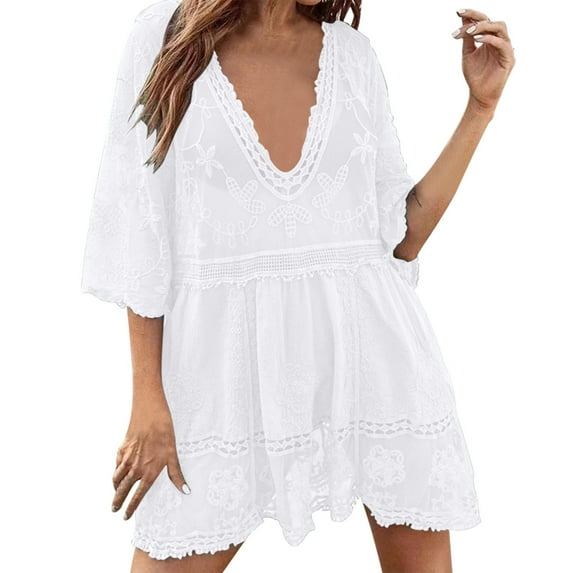 YABCSAZ Swimsuit Cover Up for Women Shorts Sleeve Lace Hollow Out Pllover Bathing Suit Cover Up Floral Plus Size Swim Dresses Beach Cover Ups Bohemia Hawaiian Holiday Summer Dress for Women 2025