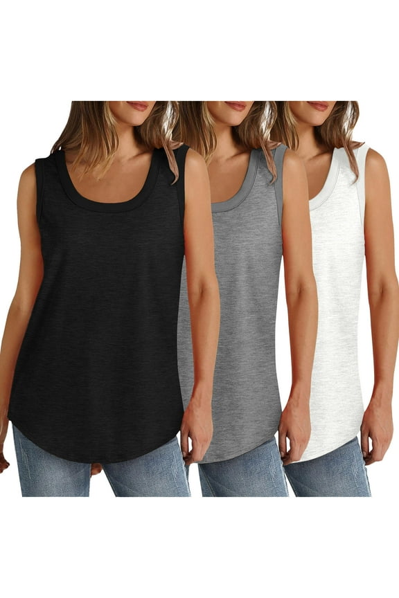 Tank Tops for Women 2024 Ribbed Summer Casual Sleeveless Round Neck Tops Loose Fit Flowy Solid Color Trendy T-shirts Beach Vacation Tank Tops Clothes Outfits 3 Pack