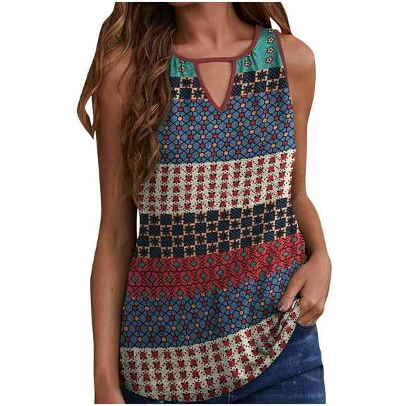 YABCSAZ Tank Tops for Women 2024 Sleeveless V-neck Split Tank Summer Casual Print T-Shirt Tops Plus Size Loose Fit Tank Tops