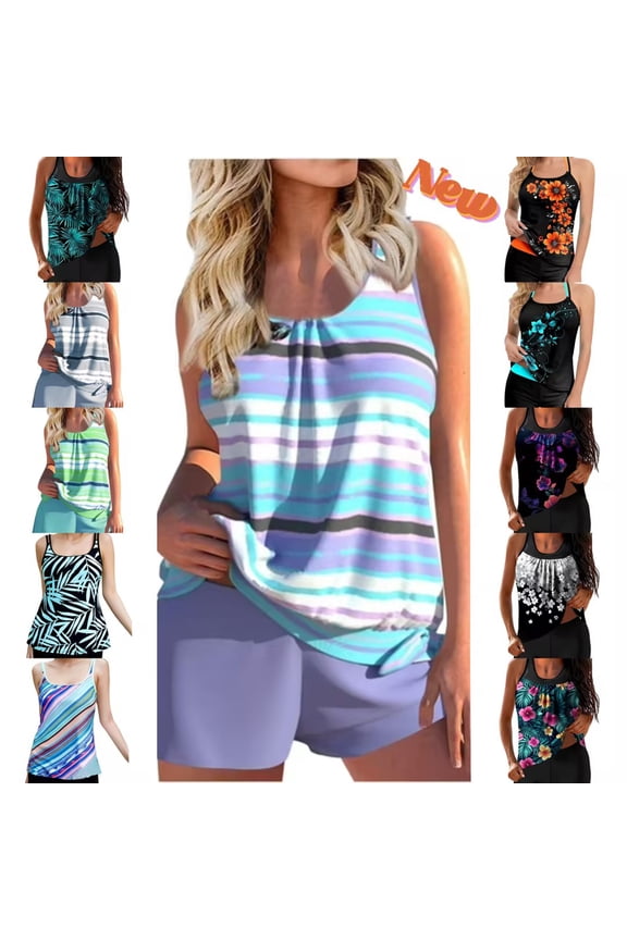 Tankini Swimsuits for Women Tummy Control Bathing Suit Womens Two Piece Swimwear Sets Sleeveless Sling Tank Tops and Shorts with Sports Bra Swimsuits for Athletic Vacasion Beach Hawaii