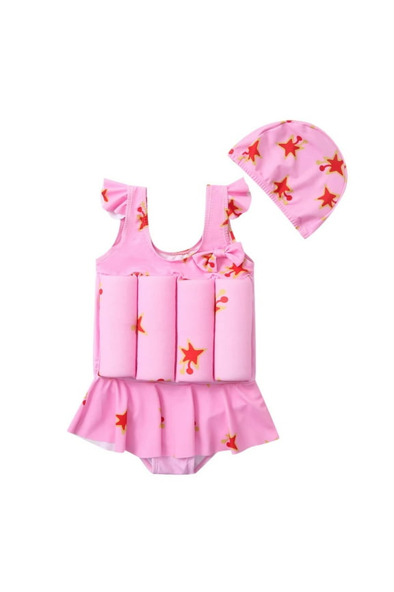 Toddler Baby Girl Float Swimsuit One Piece One Piece Swimwear Floatation Suit Swim Vest Bathing Suit with Cap Kids Life Jacket Swim Vest for Beach Pool Training Aid Swimwear Size 6-7 Years