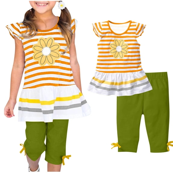 YABCSAZ Toddler Baby Girls Outfits Sets Ruffle Short Sleeve T-Shirt Tops and Short Pants Kids Summer Casual Clothes Sets Girls 2Piece Playwear Beach Outfits Size 9 Years