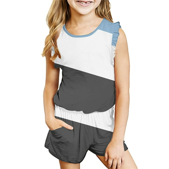 YABCSAZ Toddler Baby Girls Summer Outfits Ruffle Sleeveless Round Neck Graphic Print Tank Tops and Casual Loose Wide Leg Bermuda Shorts Two Pieces Cute Kids Outfits Set Size 11-12 Years