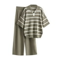 thumbnail image 1 of YABCSAZ Two Piece Sets for Women Fall 3/4 Sleeve V Neck Knitted Stripe Top and Elastric Wide Leg Pant Set Casual Loose Fit Soft Comfy Pajamas for Women 2024 Trendy, 1 of 3