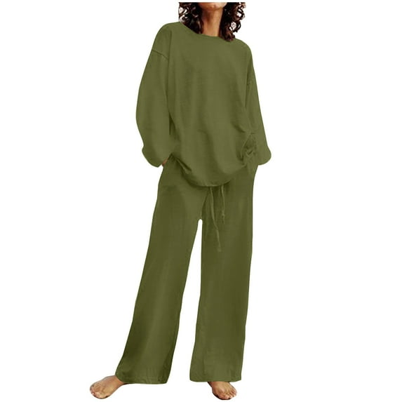YABCSAZ Two Piece Sets for Women Fall Cotton Linen Long Sleeve Round Neck Top and Drawstring Elastric Wide Leg Pant Set Casual Loose Fit Soft Comfy Pajamas for Women 2024 Trendy