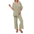 thumbnail image 1 of YABCSAZ Two Piece Sets for Women Fall Short Sleeve Button Round Neck Top and Elastric Wide Leg Pant Set Casual Loose Fit Soft Comfy Pajamas for Women 2024 Trendy, 1 of 9