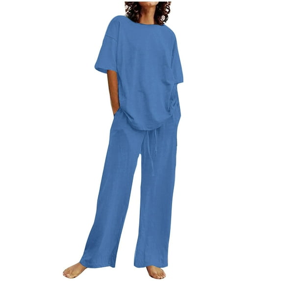 YABCSAZ Two Piece Sets for Women Summer Cotton Linen Short Sleeve Round Neck Solid Color Top and Drawstring Elastric Wide Leg Pant Set Casual Loose Fit Soft Comfy Pajamas for Women 2024 Trendy
