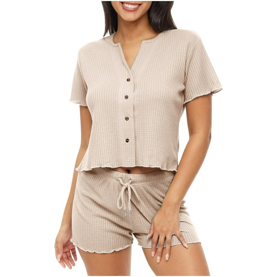 YABCSAZ Two Piece Sets for Women Summer Short Sleeve Button Down Round Neck Tops and Wide Leg Bermuda Shorts Set Casual Loose Fit Solid Color Pajamas for Women Set