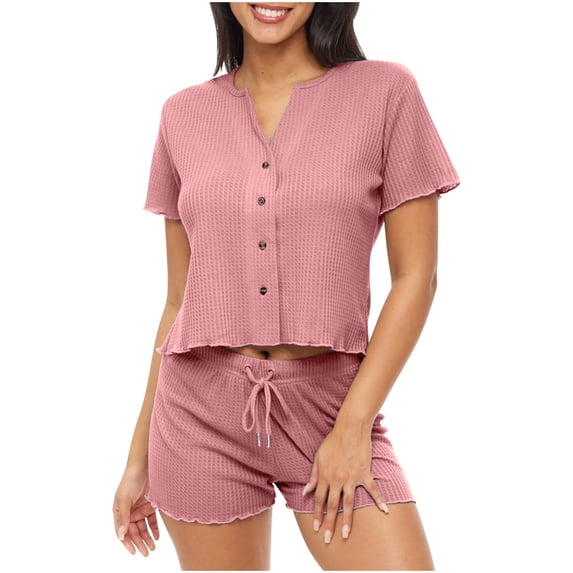 YABCSAZ Two Piece Sets for Women Summer Short Sleeve Button Down Round Neck Tops and Wide Leg Bermuda Shorts Set Casual Loose Fit Solid Color Pajamas for Women Set