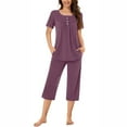 thumbnail image 1 of YABCSAZ Two Piece Sets for Women Summer Short Sleeve Round Neck Button Tops and Capri Shorts Set Casual Loose Fit Solid Color Pajamas for Women Set, 1 of 8