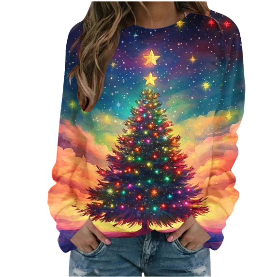 YABCSAZ Ugly Christmas Sweater for Women Sweatshirt Fleece Long Sleeve T Shirts Casual Loose Warm Pullover Oversize T Shirts Christmas Tree Snowflakes Reindeer Santa Claus Tops for Xmas Party
