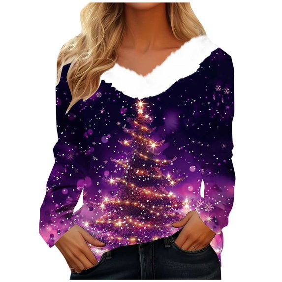 YABCSAZ Ugly Christmas Sweater for Women Sweatshirt Fleece Long Sleeve T Shirts Christmas Tree Snowflakes Reindeer Santa Claus Tops Casual Loose Warm Pullover Oversize T Shirts for Xmas Party
