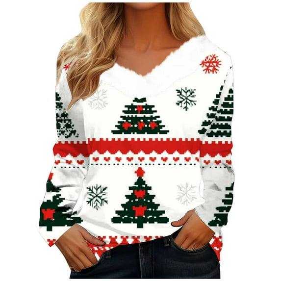 YABCSAZ Ugly Christmas Sweater for Women Sweatshirt Fleece Long Sleeve T Shirts Christmas Tree Snowflakes Reindeer Santa Claus Tops Casual Loose Warm Pullover Oversize T Shirts for Xmas Party